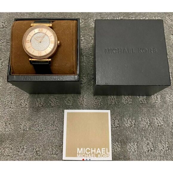 MICHAEL KORS Catlin Rose Crystal Set Black Leather Ladies Watch MK-2376 - Picture 4 of 8
